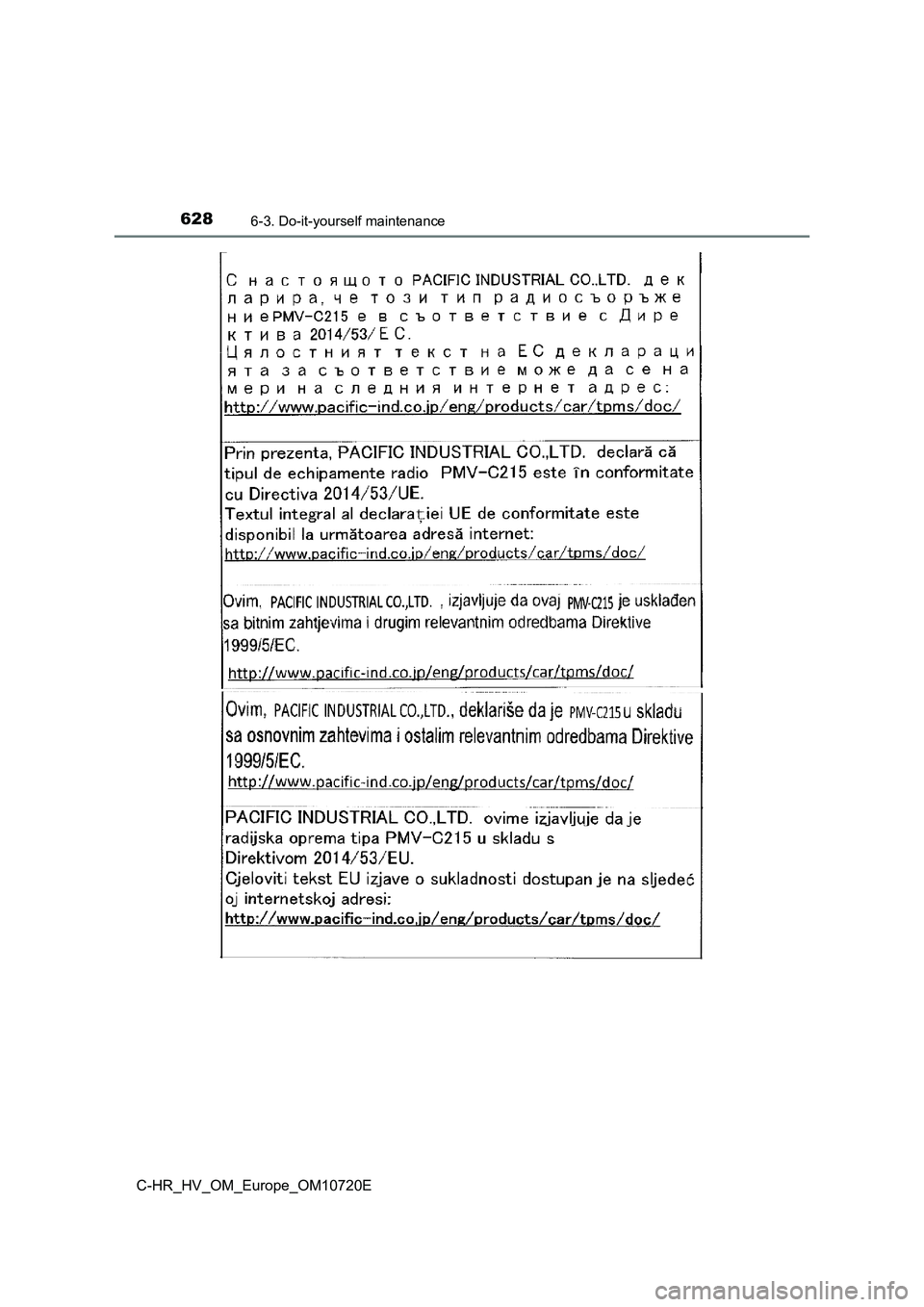 TOYOTA C-HR 2022 Owners Manual 6286-3. Do-it-yourself maintenance
C-HR_HV_OM_Europe_OM10720E TOYOTA C-HR 2022 Owners Manual 6286-3. Do-it-yourself maintenance
C-HR_HV_OM_Europe_OM10720E