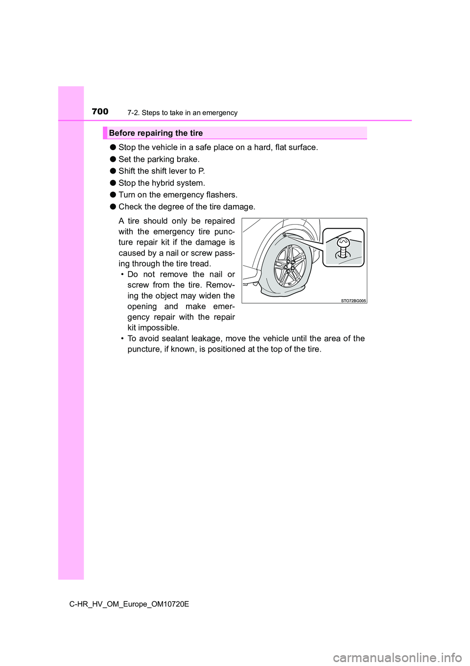 TOYOTA C-HR 2022  Owners Manual 7007-2. Steps to take in an emergency
C-HR_HV_OM_Europe_OM10720E
●Stop the vehicle in a safe place on a hard, flat surface. 
● Set the parking brake. 
● Shift the shift lever to P. 
● Stop the