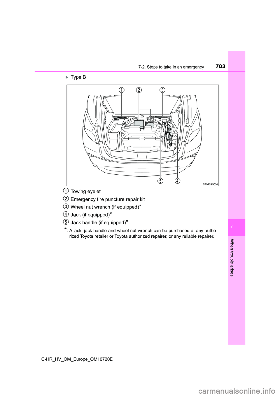 TOYOTA C-HR 2022  Owners Manual 7037-2. Steps to take in an emergency
C-HR_HV_OM_Europe_OM10720E
7
When trouble arises
Ty pe  B 
Towing eyelet 
Emergency tire puncture repair kit 
Wheel nut wrench (if equipped)*
Jack (if equipped