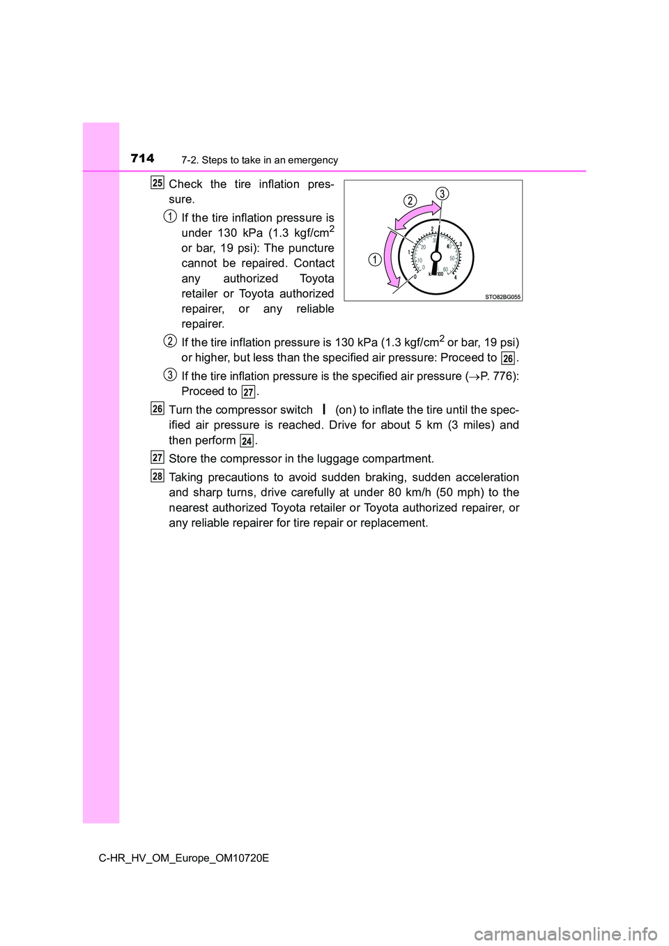 TOYOTA C-HR 2022 Owners Manual 7147-2. Steps to take in an emergency
C-HR_HV_OM_Europe_OM10720E
Check the tire inflation pres-
sure.
If the tire inflation pressure is
under 130 kPa (1.3 kgf/cm2
or bar, 19 psi): The TOYOTA C-HR 2022 Owners Manual 7147-2. Steps to take in an emergency
C-HR_HV_OM_Europe_OM10720E
Check the tire inflation pres-
sure.
If the tire inflation pressure is
under 130 kPa (1.3 kgf/cm2
or bar, 19 psi): The