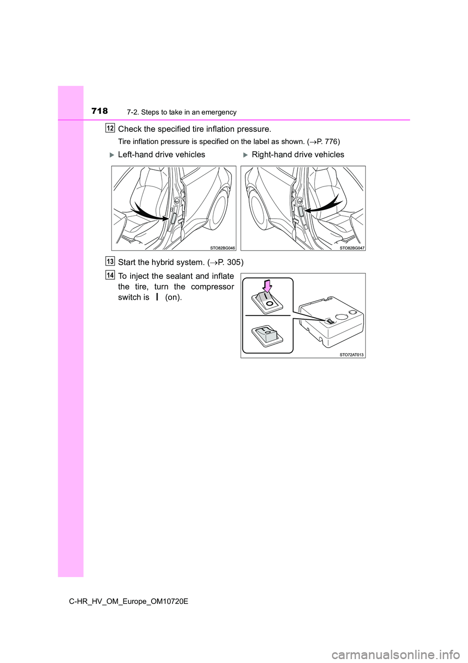 TOYOTA C-HR 2022  Owners Manual 7187-2. Steps to take in an emergency
C-HR_HV_OM_Europe_OM10720E
Check the specified tire inflation pressure.
Tire inflation pressure is specified on the label as shown. (P. 776)
Start the hybrid s
