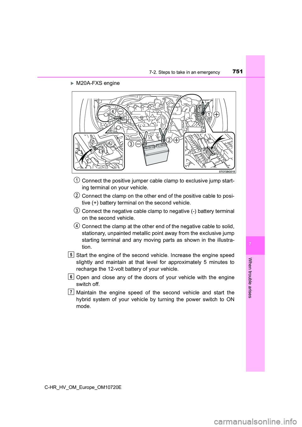 TOYOTA C-HR 2022 Owners Manual 7517-2. Steps to take in an emergency
C-HR_HV_OM_Europe_OM10720E
7
When trouble arises
M20A-FXS engine
Connect the positive jumper cable clamp to exclusive jump start -
ing terminal on your vehic TOYOTA C-HR 2022 Owners Manual 7517-2. Steps to take in an emergency
C-HR_HV_OM_Europe_OM10720E
7
When trouble arises
M20A-FXS engine
Connect the positive jumper cable clamp to exclusive jump start -
ing terminal on your vehic