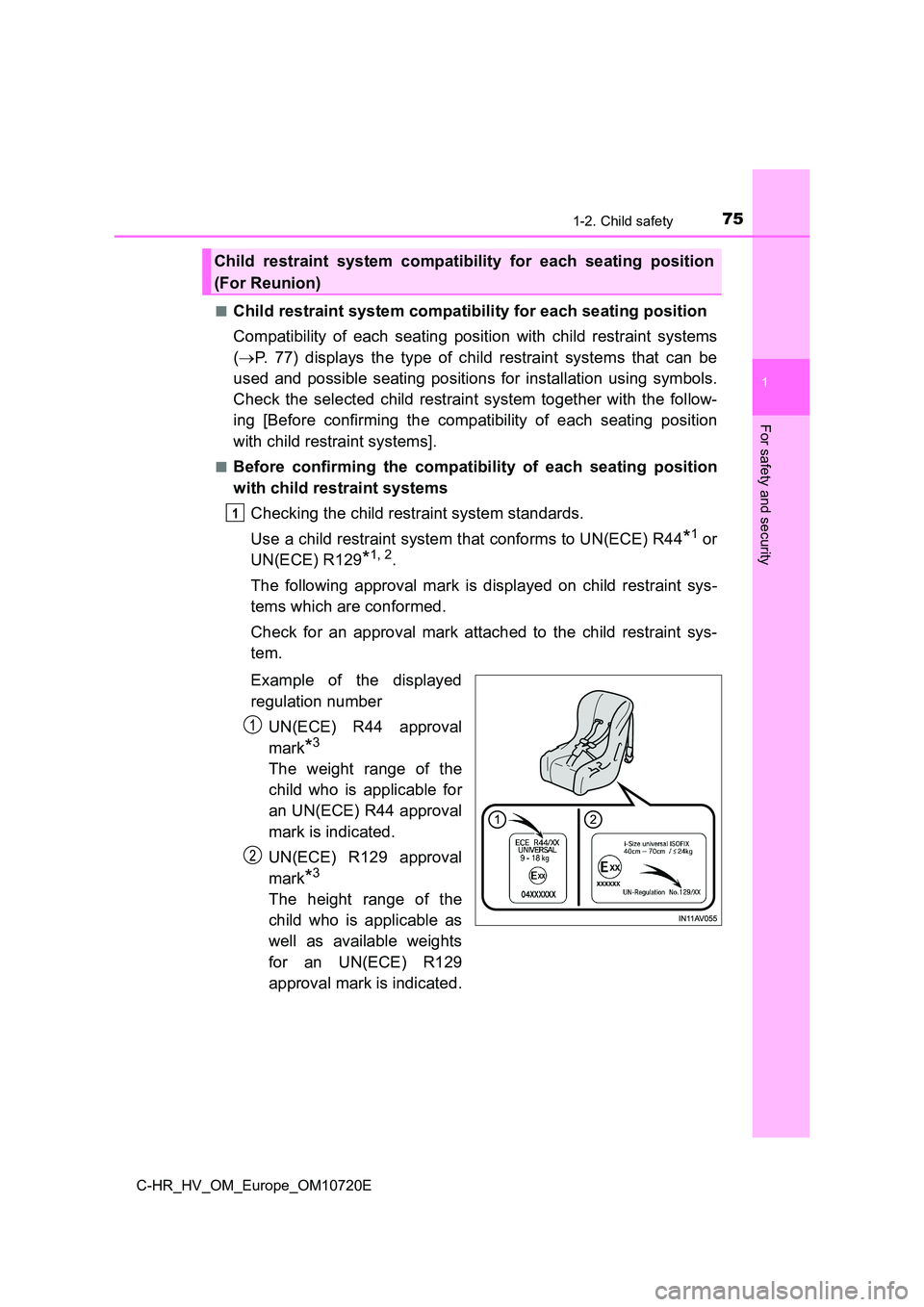 TOYOTA C-HR 2022 Owners Manual 751-2. Child safety
1
For safety and security
C-HR_HV_OM_Europe_OM10720E
■Child restraint system compatibility for each seating position
Compatibility of each seating position with child re TOYOTA C-HR 2022 Owners Manual 751-2. Child safety
1
For safety and security
C-HR_HV_OM_Europe_OM10720E
■Child restraint system compatibility for each seating position
Compatibility of each seating position with child re