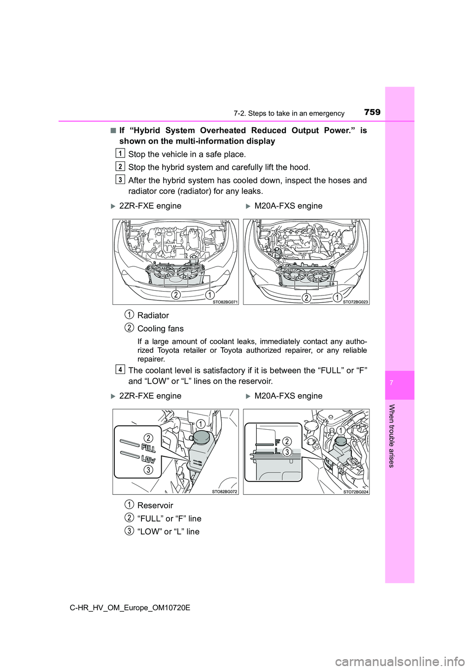TOYOTA C-HR 2022 Owners Manual 7597-2. Steps to take in an emergency
C-HR_HV_OM_Europe_OM10720E
7
When trouble arises
■If “Hybrid System Overheated Reduced Output Power.” is
shown on the multi-information display
Sto TOYOTA C-HR 2022 Owners Manual 7597-2. Steps to take in an emergency
C-HR_HV_OM_Europe_OM10720E
7
When trouble arises
■If “Hybrid System Overheated Reduced Output Power.” is
shown on the multi-information display
Sto