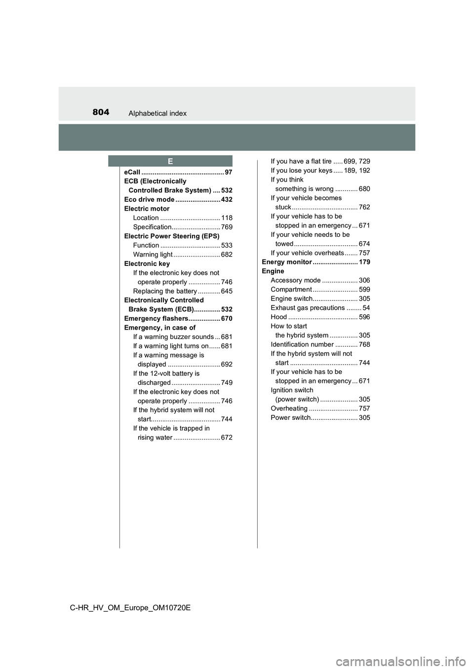 TOYOTA C-HR 2022 Owners Manual 804Alphabetical index
C-HR_HV_OM_Europe_OM10720E
eCall ............................................ 97
ECB (Electronically
Controlled Brake System) .... 532
Eco drive mode ........................ TOYOTA C-HR 2022 Owners Manual 804Alphabetical index
C-HR_HV_OM_Europe_OM10720E
eCall ............................................ 97
ECB (Electronically
Controlled Brake System) .... 532
Eco drive mode ........................