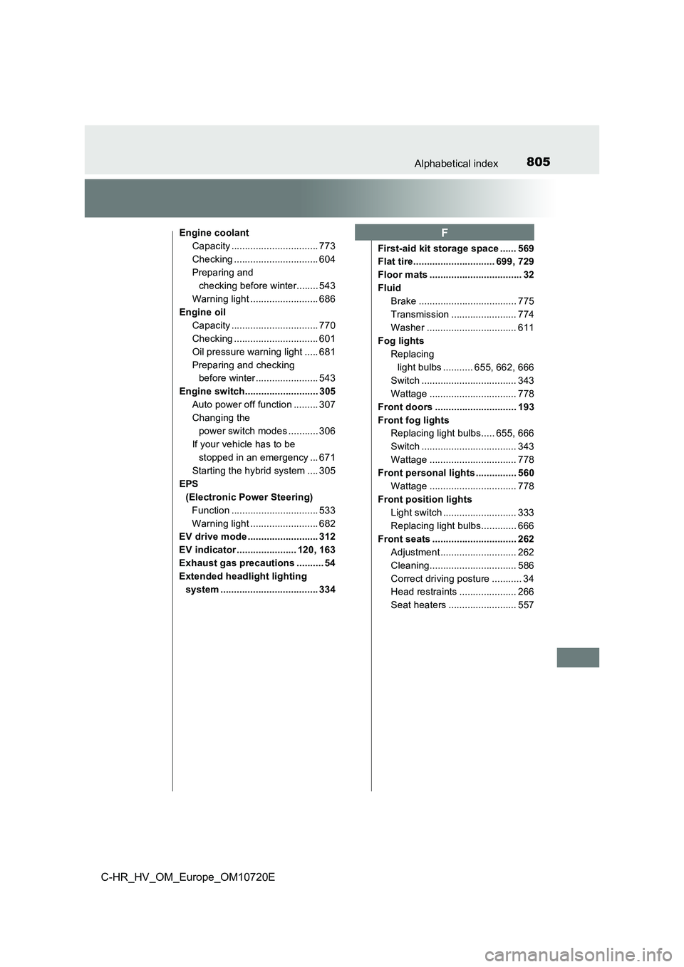 TOYOTA C-HR 2022 Owners Manual 805Alphabetical index
C-HR_HV_OM_Europe_OM10720E
Engine coolant
Capacity ................................ 773
Checking ............................... 604
Preparing and
checking before winter...... TOYOTA C-HR 2022 Owners Manual 805Alphabetical index
C-HR_HV_OM_Europe_OM10720E
Engine coolant
Capacity ................................ 773
Checking ............................... 604
Preparing and
checking before winter......