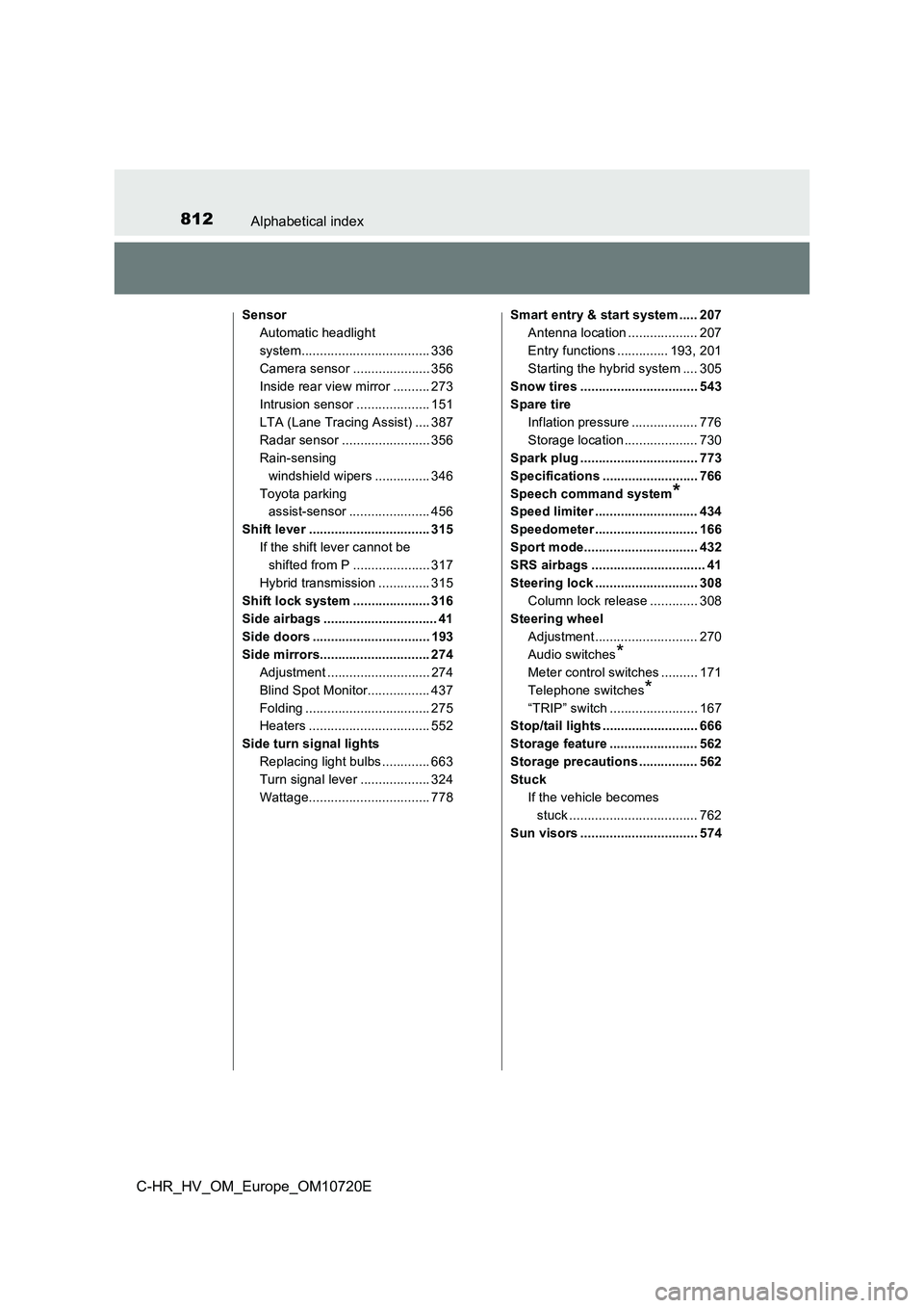 TOYOTA C-HR 2022 Owners Manual 812Alphabetical index
C-HR_HV_OM_Europe_OM10720E
Sensor
Automatic headlight
system................................... 336
Camera sensor ..................... 356
Inside rear view mirror .......... TOYOTA C-HR 2022 Owners Manual 812Alphabetical index
C-HR_HV_OM_Europe_OM10720E
Sensor
Automatic headlight
system................................... 336
Camera sensor ..................... 356
Inside rear view mirror ..........