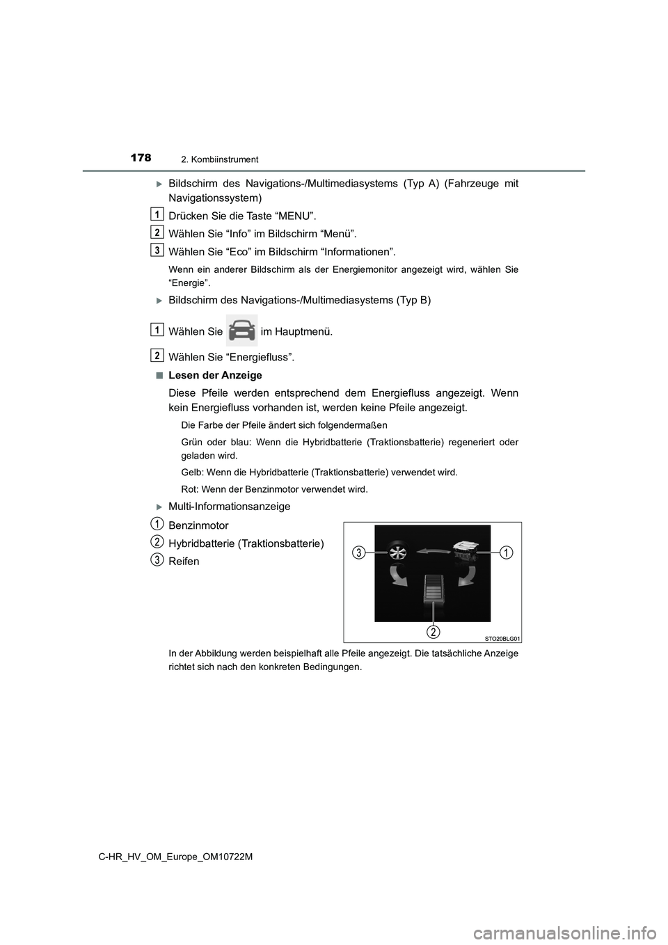 TOYOTA C-HR 2022 Betriebsanleitungen (in German) 1782. Kombiinstrument
C-HR_HV_OM_Europe_OM10722M
Bildschirm des Navigations-/Multimediasystems (Typ A) (Fahrzeuge mit
Navigationssystem)
Drücken Sie die Taste “MENU”.
Wählen Sie “I TOYOTA C-HR 2022 Betriebsanleitungen (in German) 1782. Kombiinstrument
C-HR_HV_OM_Europe_OM10722M
Bildschirm des Navigations-/Multimediasystems (Typ A) (Fahrzeuge mit
Navigationssystem)
Drücken Sie die Taste “MENU”.
Wählen Sie “I