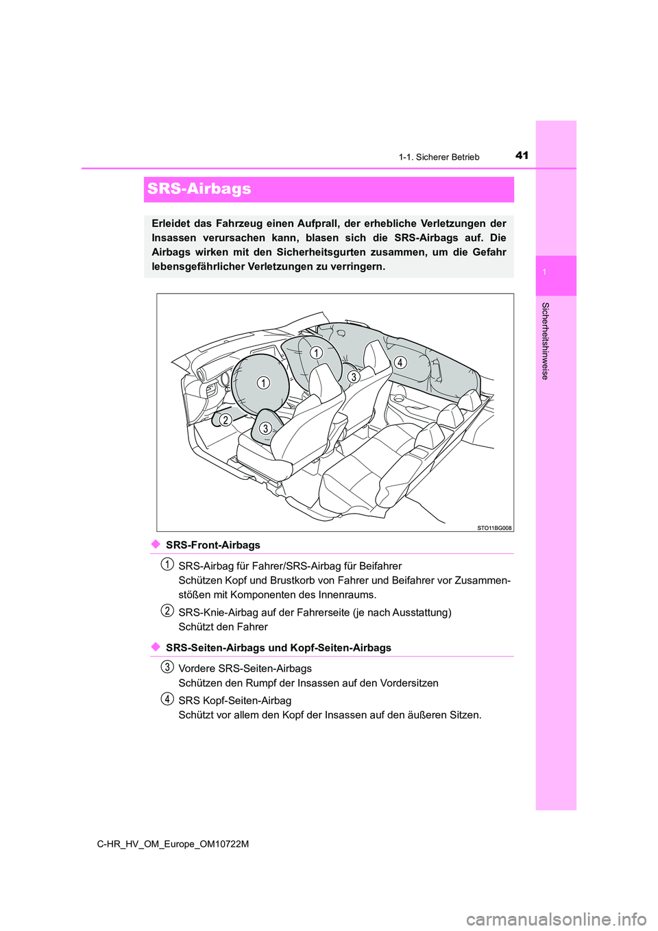 TOYOTA C-HR 2022  Betriebsanleitungen (in German) 411-1. Sicherer Betrieb
1
Sicherheitshinweise
C-HR_HV_OM_Europe_OM10722M
SRS-Airbags
◆SRS-Front-Airbags 
SRS-Airbag für Fahrer/S RS-Airbag für Beifahrer  
Schützen Kopf und Brustkorb von  Fahrer 