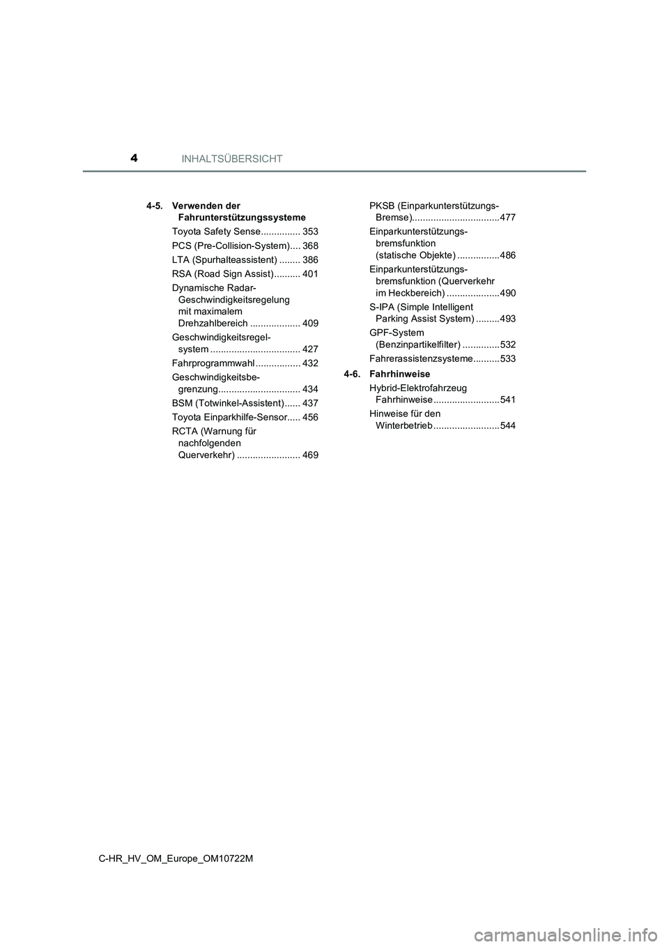 TOYOTA C-HR 2022  Betriebsanleitungen (in German) INHALTSÜBERSICHT4
C-HR_HV_OM_Europe_OM10722M 
4-5. Verwenden der  
Fahrunterstützungssysteme 
Toyota Safety Sense............... 353 
PCS (Pre-Collision-System).... 368 
LTA (Spurhalteassistent) ...