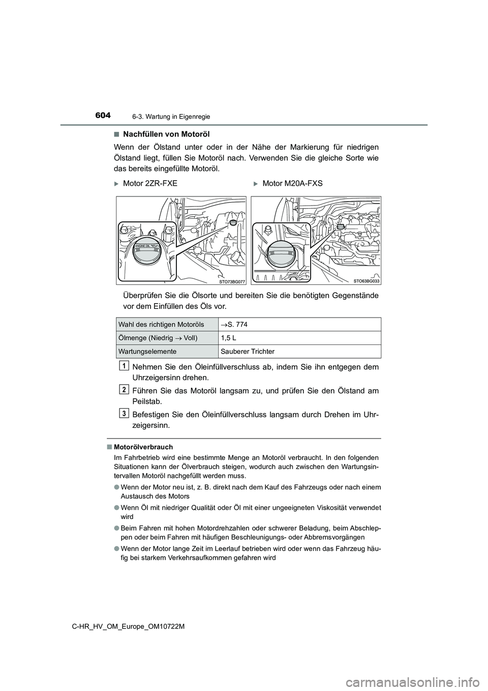 TOYOTA C-HR 2022 Betriebsanleitungen (in German) 6046-3. Wartung in Eigenregie
C-HR_HV_OM_Europe_OM10722M
■Nachfüllen von Motoröl
Wenn der Ölstand unter oder in der Nähe der Markierung für nied rigen
Ölstand liegt, füllen S TOYOTA C-HR 2022 Betriebsanleitungen (in German) 6046-3. Wartung in Eigenregie
C-HR_HV_OM_Europe_OM10722M
■Nachfüllen von Motoröl
Wenn der Ölstand unter oder in der Nähe der Markierung für nied rigen
Ölstand liegt, füllen S