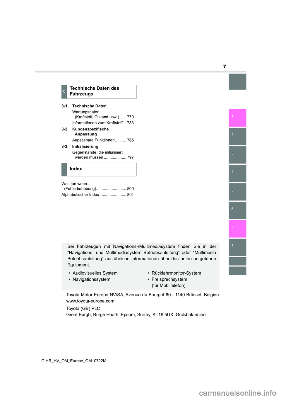 TOYOTA C-HR 2022  Betriebsanleitungen (in German) 7
1 
5 
4
3
2
C-HR_HV_OM_Europe_OM10722M
8
7
6
8-1. Technische Daten 
Wartungsdaten  
(Kraftstoff, Ölstand usw.) ...... 770 
Informationen zum Kraftstoff ... 783 
8-2. Kundenspezifische  
Anpassung 
