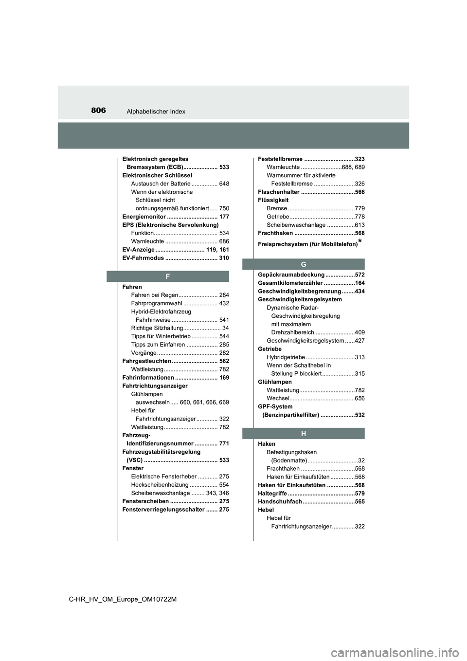 TOYOTA C-HR 2022  Betriebsanleitungen (in German) 806Alphabetischer Index
C-HR_HV_OM_Europe_OM10722M
Elektronisch geregeltes  
Bremssystem (ECB)..................... 533 
Elektronischer Schlüssel 
Austausch der Batterie ................ 648 
Wenn de