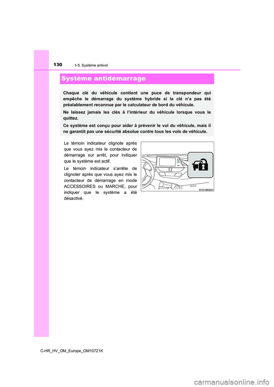 TOYOTA C-HR 2022  Notices Demploi (in French) 1301-5. Système antivol
C-HR_HV_OM_Europe_OM10721K
Système antidémarrage
Le  témoin  indicateur  clignote  après 
que  vous  ayez  mis  le  contacteur  de
démarrage  sur  arrêt,  pour  indiquer