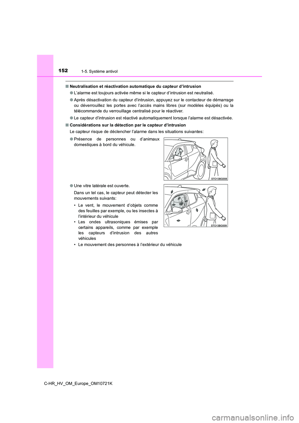 TOYOTA C-HR 2022  Notices Demploi (in French) 1521-5. Système antivol
C-HR_HV_OM_Europe_OM10721K
■Neutralisation et réactivation automatique du capteur d’intrusion 
● L’alarme est toujours activée même si le capteur d’intrusion est 