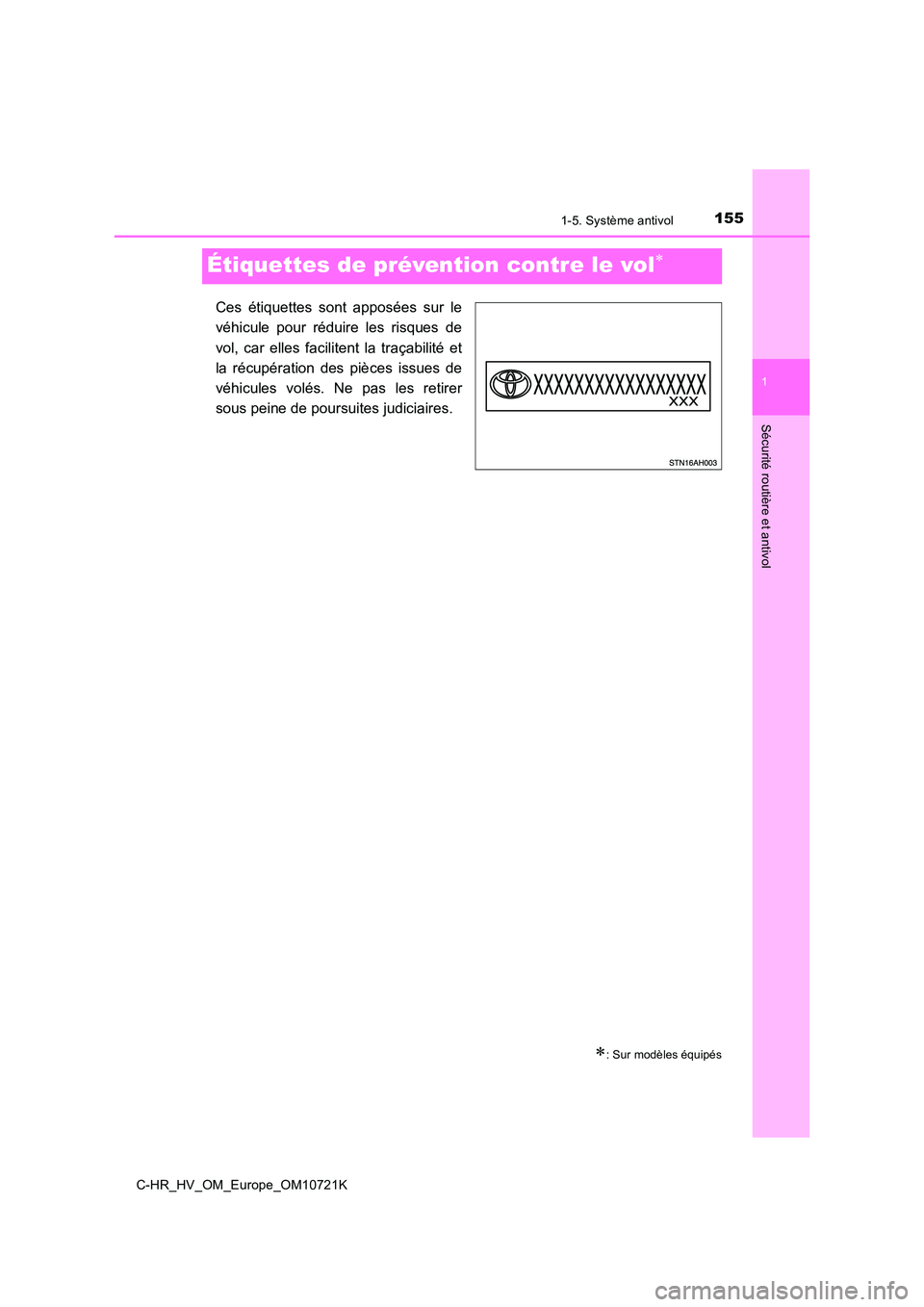 TOYOTA C-HR 2022  Notices Demploi (in French) 155
1
1-5. Système antivol
Sécurité routière et antivol
C-HR_HV_OM_Europe_OM10721K
Étiquettes de prévention contre le vol
Ces  étiquettes  sont  apposées  sur  le 
véhicule  pour  réduire