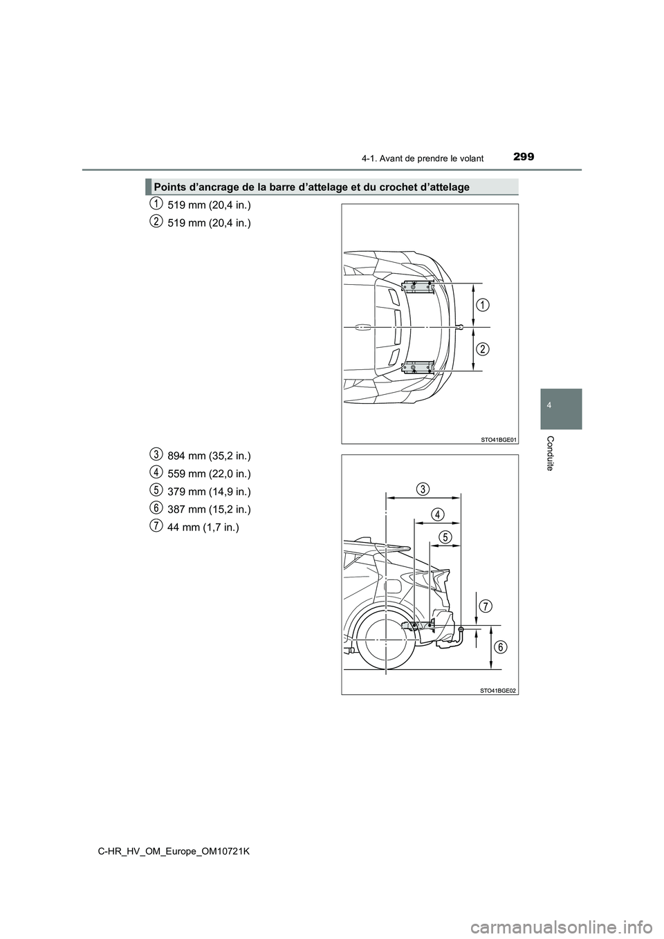 TOYOTA C-HR 2022  Notices Demploi (in French) 2994-1. Avant de prendre le volant
4
Conduite
C-HR_HV_OM_Europe_OM10721K
519 mm (20,4 in.) 
519 mm (20,4 in.) 
894 mm (35,2 in.) 
559 mm (22,0 in.) 
379 mm (14,9 in.)
387 mm (15,2 in.) 
44 mm (1,7 in.