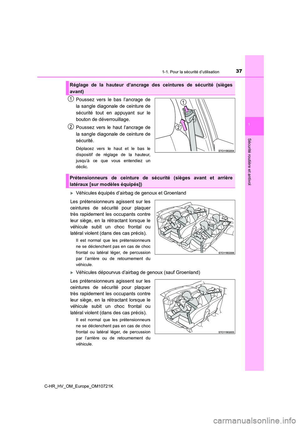 TOYOTA C-HR 2022 Notices Demploi (in French) 371-1. Pour la sécurité d’utilisation
1
Sécurité routière et antivol
C-HR_HV_OM_Europe_OM10721K
Poussez vers le bas l’ancrage de
la sangle diagonale de ceinture de
sécurité tout TOYOTA C-HR 2022 Notices Demploi (in French) 371-1. Pour la sécurité d’utilisation
1
Sécurité routière et antivol
C-HR_HV_OM_Europe_OM10721K
Poussez vers le bas l’ancrage de
la sangle diagonale de ceinture de
sécurité tout