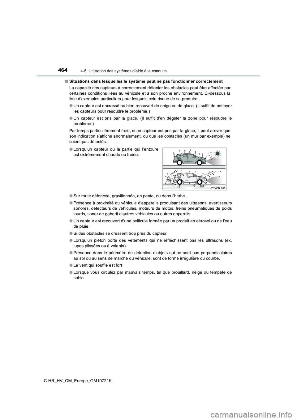 TOYOTA C-HR 2022  Notices Demploi (in French) 4644-5. Utilisation des systèmes d’aide à la conduite
C-HR_HV_OM_Europe_OM10721K 
■ Situations dans lesquelles le système peut ne pas fonctionner correctement 
La capacité des capteurs à corr