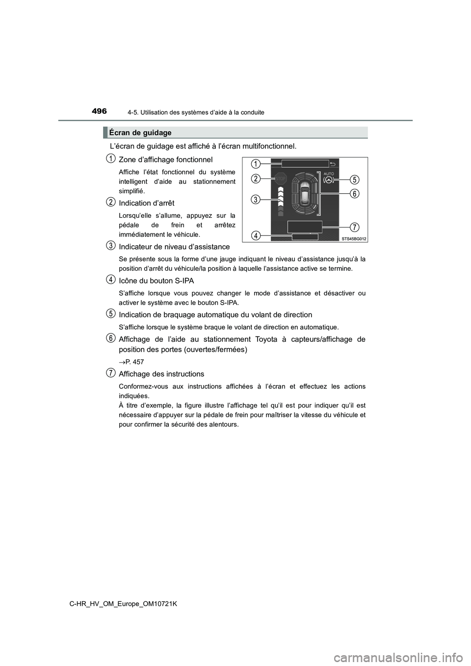 TOYOTA C-HR 2022  Notices Demploi (in French) 4964-5. Utilisation des systèmes d’aide à la conduite
C-HR_HV_OM_Europe_OM10721K
L’écran de guidage est affiché à l’écran multifonctionnel. 
Zone d’affichage fonctionnel
Affiche  l’ét