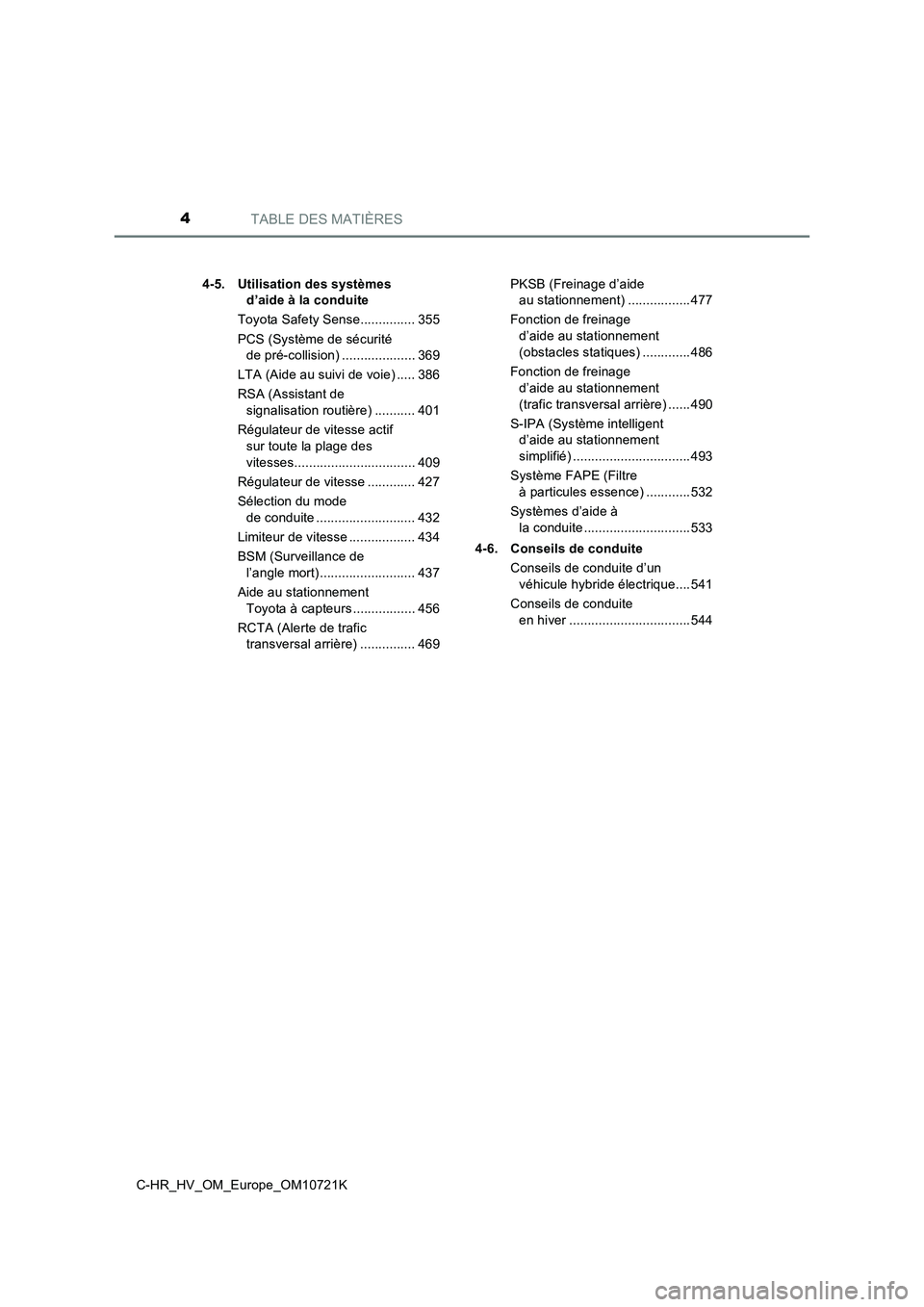 TOYOTA C-HR 2022  Notices Demploi (in French) TABLE DES MATIÈRES4
C-HR_HV_OM_Europe_OM10721K 
4-5. Utilisation des systèmes  
d’aide à la conduite 
Toyota Safety Sense............... 355 
PCS (Système de sécurité  
de pré-collision) ....