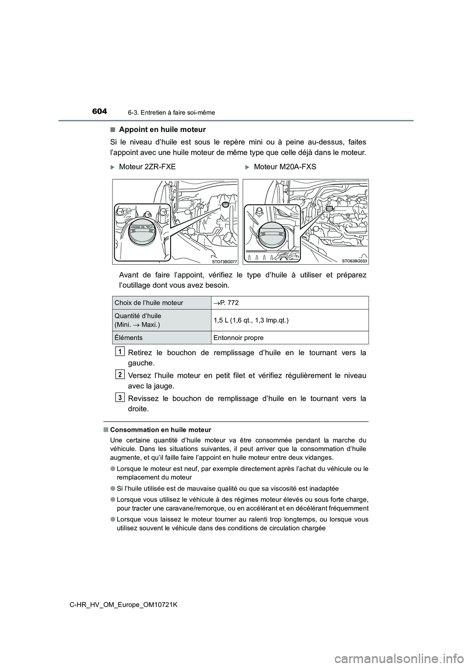 TOYOTA C-HR 2022 Notices Demploi (in French) 6046-3. Entretien à faire soi-même
C-HR_HV_OM_Europe_OM10721K
■Appoint en huile moteur
Si le niveau d’huile est sous le repère mini ou à peine au-dess us, faites
l’appoint av TOYOTA C-HR 2022 Notices Demploi (in French) 6046-3. Entretien à faire soi-même
C-HR_HV_OM_Europe_OM10721K
■Appoint en huile moteur
Si le niveau d’huile est sous le repère mini ou à peine au-dess us, faites
l’appoint av