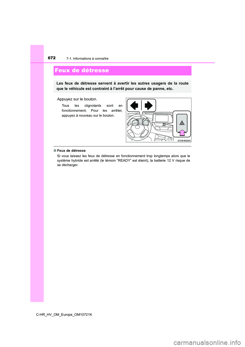 TOYOTA C-HR 2022 Notices Demploi (in French) 6727-1. Informations à connaître
C-HR_HV_OM_Europe_OM10721K
Feux de détresse
Appuyez sur le bouton.
Tous les clignotants sont en
fonctionnement. Pour les arrêter,
appuyez à nouveau sur le TOYOTA C-HR 2022 Notices Demploi (in French) 6727-1. Informations à connaître
C-HR_HV_OM_Europe_OM10721K
Feux de détresse
Appuyez sur le bouton.
Tous les clignotants sont en
fonctionnement. Pour les arrêter,
appuyez à nouveau sur le
