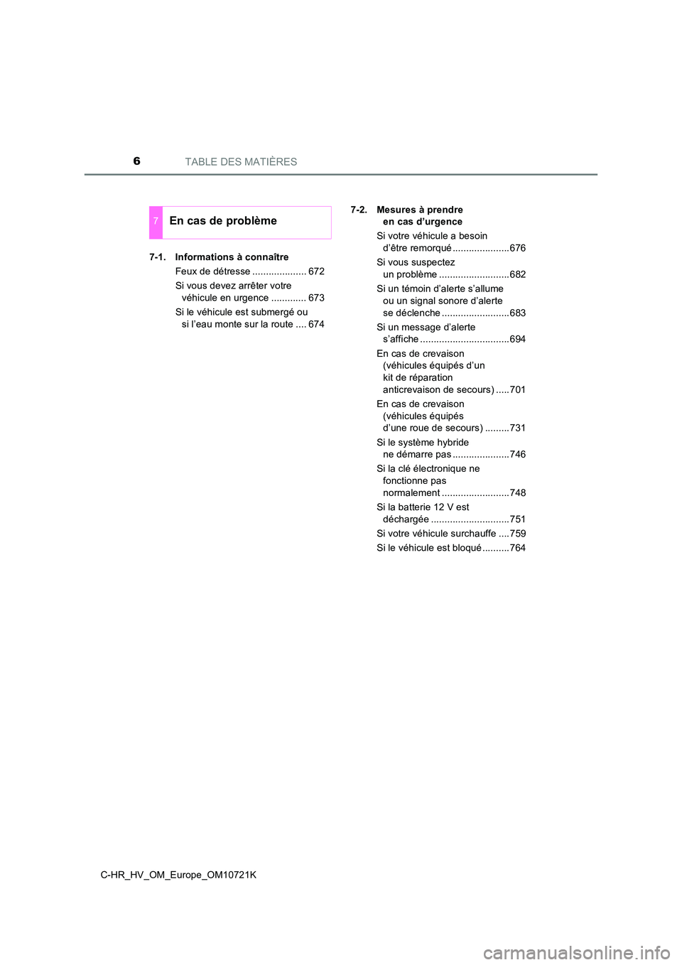 TOYOTA C-HR 2022  Notices Demploi (in French) TABLE DES MATIÈRES6
C-HR_HV_OM_Europe_OM10721K 
7-1. Informations à connaître 
Feux de détresse .................... 672 
Si vous devez arrêter votre  
véhicule en urgence ............. 673 
Si 
