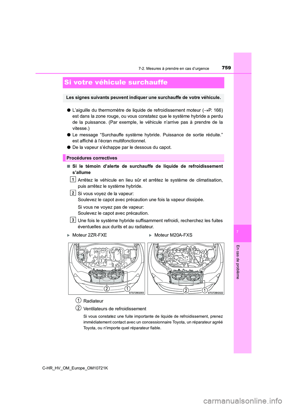 TOYOTA C-HR 2022 Notices Demploi (in French) 7597-2. Mesures à prendre en cas d’urgence
C-HR_HV_OM_Europe_OM10721K
7
En cas de problème
Si votre véhicule surchauffe
●L’aiguille du thermomètre de liquide de refroidissement moteur ( TOYOTA C-HR 2022 Notices Demploi (in French) 7597-2. Mesures à prendre en cas d’urgence
C-HR_HV_OM_Europe_OM10721K
7
En cas de problème
Si votre véhicule surchauffe
●L’aiguille du thermomètre de liquide de refroidissement moteur (