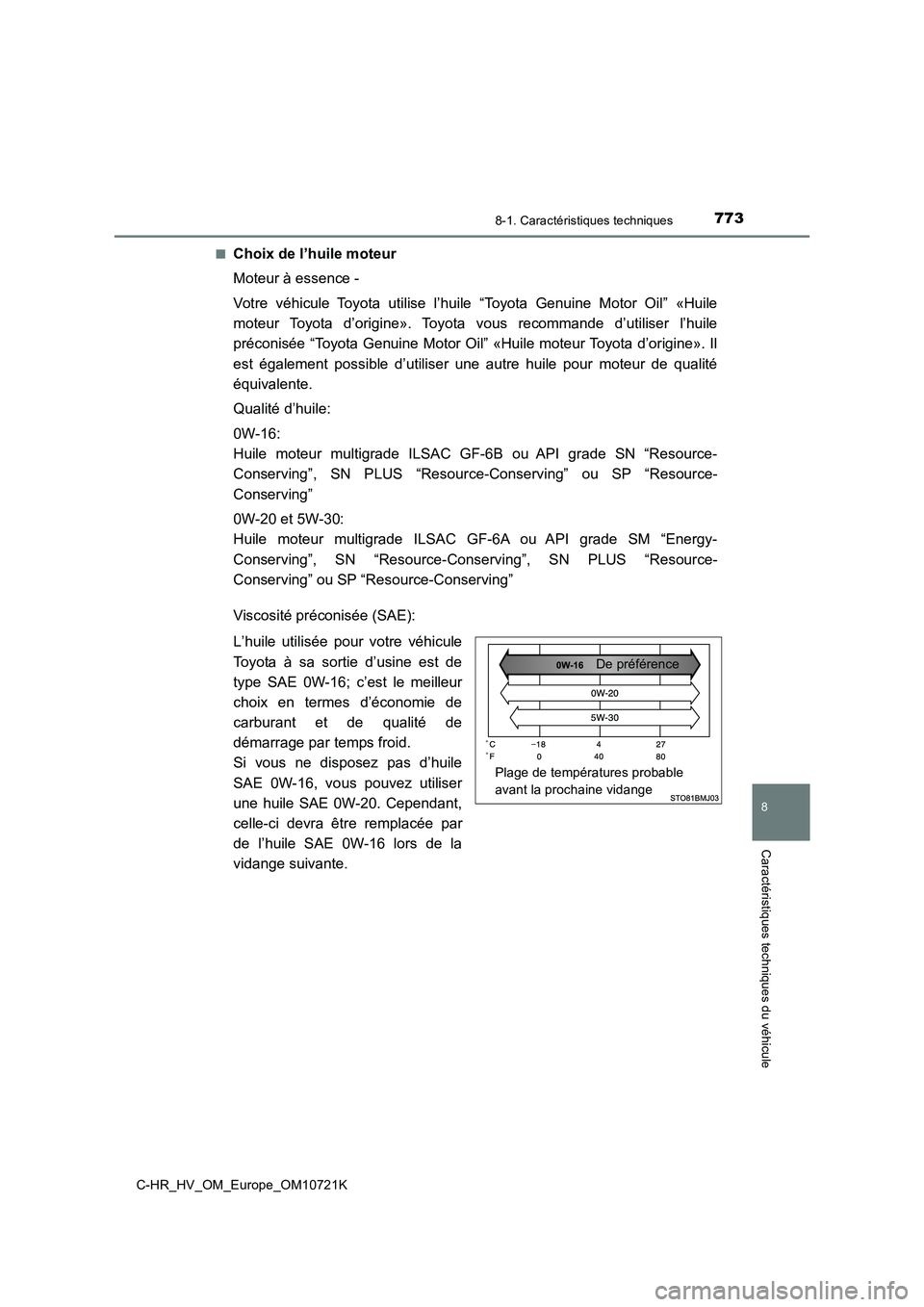 TOYOTA C-HR 2022  Notices Demploi (in French) 7738-1. Caractéristiques techniques
C-HR_HV_OM_Europe_OM10721K
8
Caractéristiques techniques du véhicule
■Choix de l’huile moteur 
Moteur à essence - 
Votre  véhicule  Toyota  utilise  l’hu