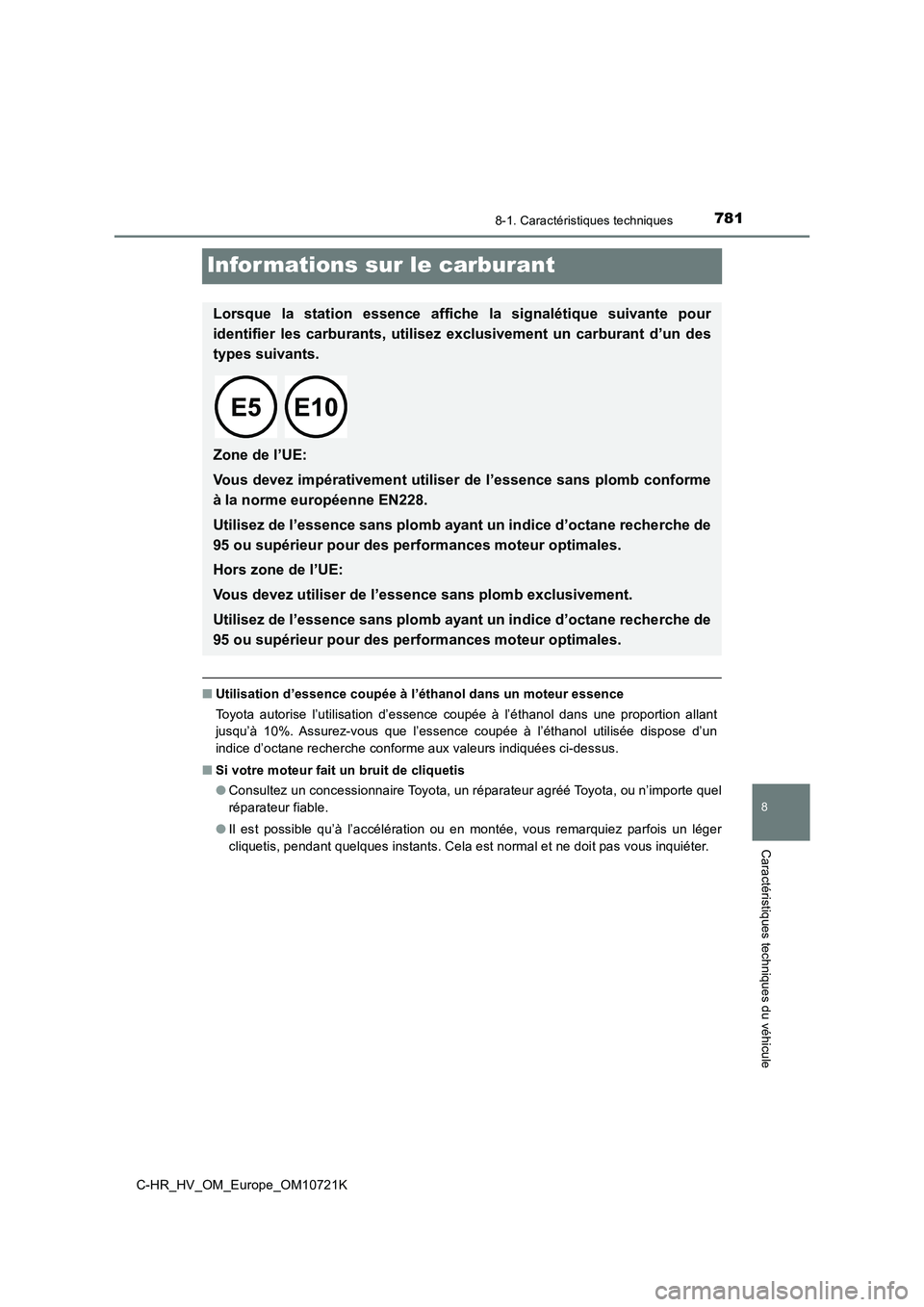 TOYOTA C-HR 2022  Notices Demploi (in French) 7818-1. Caractéristiques techniques
8
Caractéristiques techniques du véhicule
C-HR_HV_OM_Europe_OM10721K
Infor mations sur le carburant
■Utilisation d’essence coupée à l’éthanol dans un mo