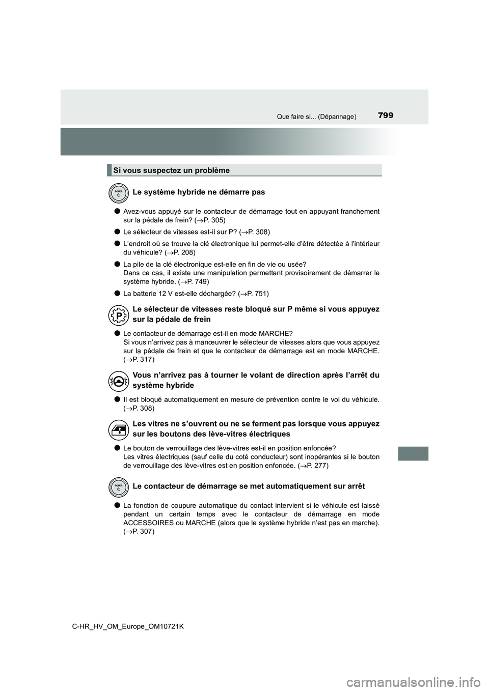 TOYOTA C-HR 2022 Notices Demploi (in French) 799Que faire si... (Dépannage)
C-HR_HV_OM_Europe_OM10721K
●Avez-vous appuyé sur le contacteur de démarrage tout en appuyant franchement
sur la pédale de frein? ( P. 3 0 5 )
●Le TOYOTA C-HR 2022 Notices Demploi (in French) 799Que faire si... (Dépannage)
C-HR_HV_OM_Europe_OM10721K
●Avez-vous appuyé sur le contacteur de démarrage tout en appuyant franchement
sur la pédale de frein? ( P. 3 0 5 )
●Le