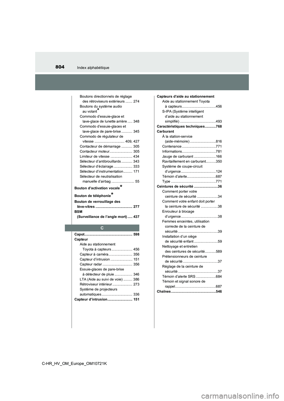 TOYOTA C-HR 2022  Notices Demploi (in French) 804Index alphabétique
C-HR_HV_OM_Europe_OM10721K
Boutons directionnels de réglage  
des rétroviseurs extérieurs ....... 274 
Boutons du système audio  
au volant*
Commodo d’essu ie-glace et  
l
