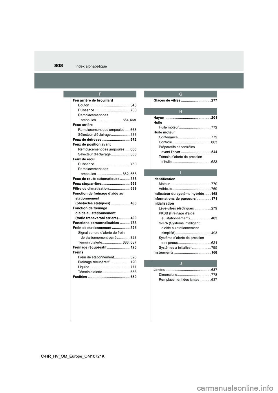 TOYOTA C-HR 2022  Notices Demploi (in French) 808Index alphabétique
C-HR_HV_OM_Europe_OM10721K
Feu arrière de brouillard 
Bouton ......................................... 343 
Puissance .................................... 780 
Remplacement des