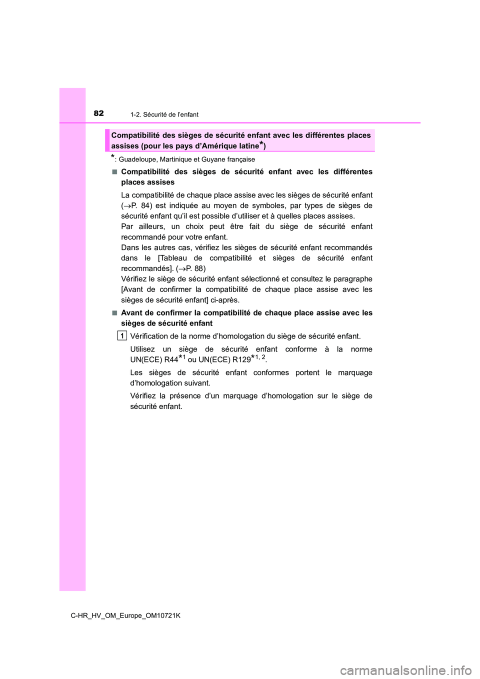 TOYOTA C-HR 2022  Notices Demploi (in French) 821-2. Sécurité de l’enfant
C-HR_HV_OM_Europe_OM10721K
*: Guadeloupe, Martinique et Guyane française 
■Compatibilité  des  sièges  de  sécu rité  enfant  avec  les  différentes 
places ass