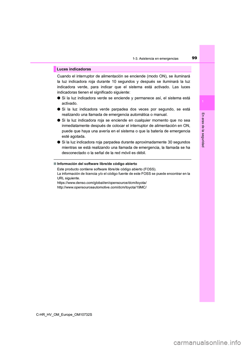 TOYOTA C-HR 2022 Manuale de Empleo (in Spanish) 991-3. Asistencia en emergencias
1
En aras de la seguridad
C-HR_HV_OM_Europe_OM10732S
Cuando el interruptor de alimentación se enciende (modo ON), se iluminará
la luz indicadora roja TOYOTA C-HR 2022 Manuale de Empleo (in Spanish) 991-3. Asistencia en emergencias
1
En aras de la seguridad
C-HR_HV_OM_Europe_OM10732S
Cuando el interruptor de alimentación se enciende (modo ON), se iluminará
la luz indicadora roja