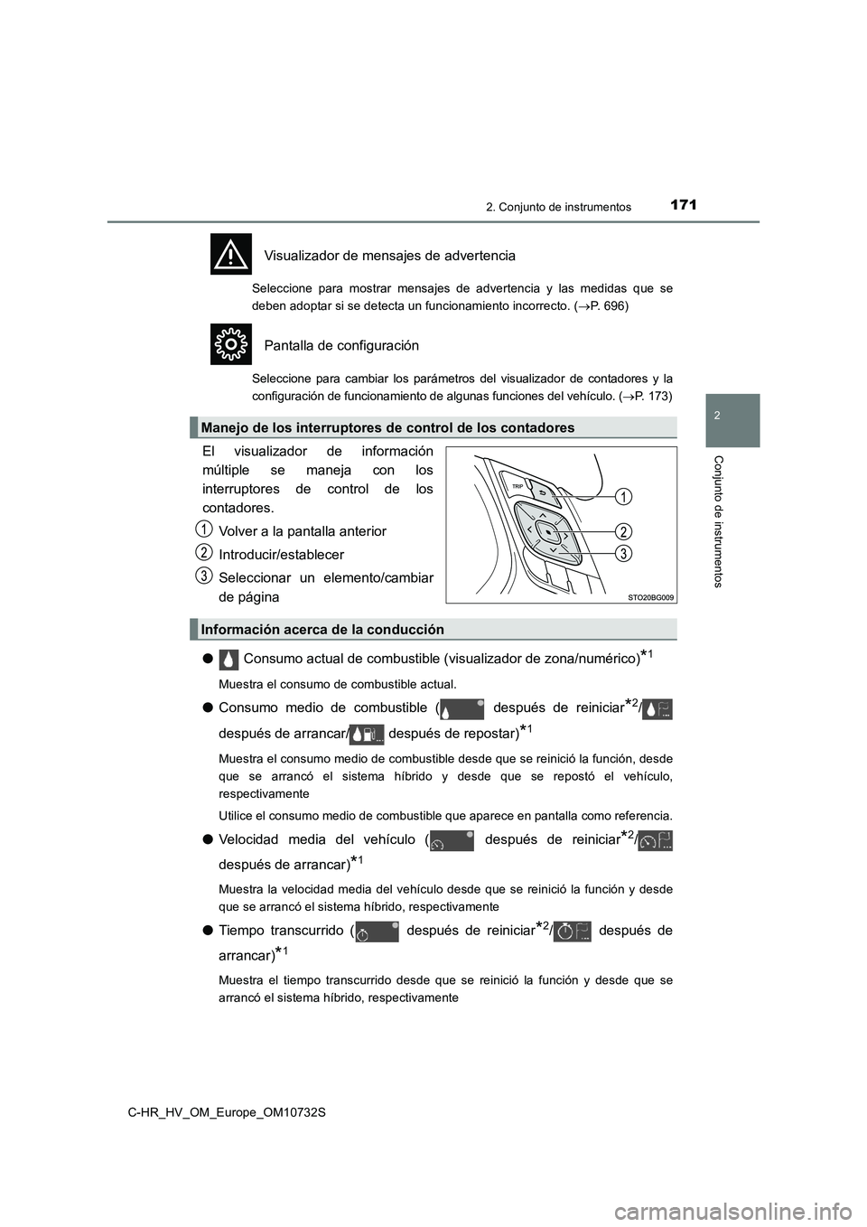 TOYOTA C-HR 2022 Manuale de Empleo (in Spanish) 1712. Conjunto de instrumentos
2
Conjunto de instrumentos
C-HR_HV_OM_Europe_OM10732S
Visualizador de mensajes de advertencia
Seleccione para mostrar mensajes de advertencia y las medidas que TOYOTA C-HR 2022 Manuale de Empleo (in Spanish) 1712. Conjunto de instrumentos
2
Conjunto de instrumentos
C-HR_HV_OM_Europe_OM10732S
Visualizador de mensajes de advertencia
Seleccione para mostrar mensajes de advertencia y las medidas que