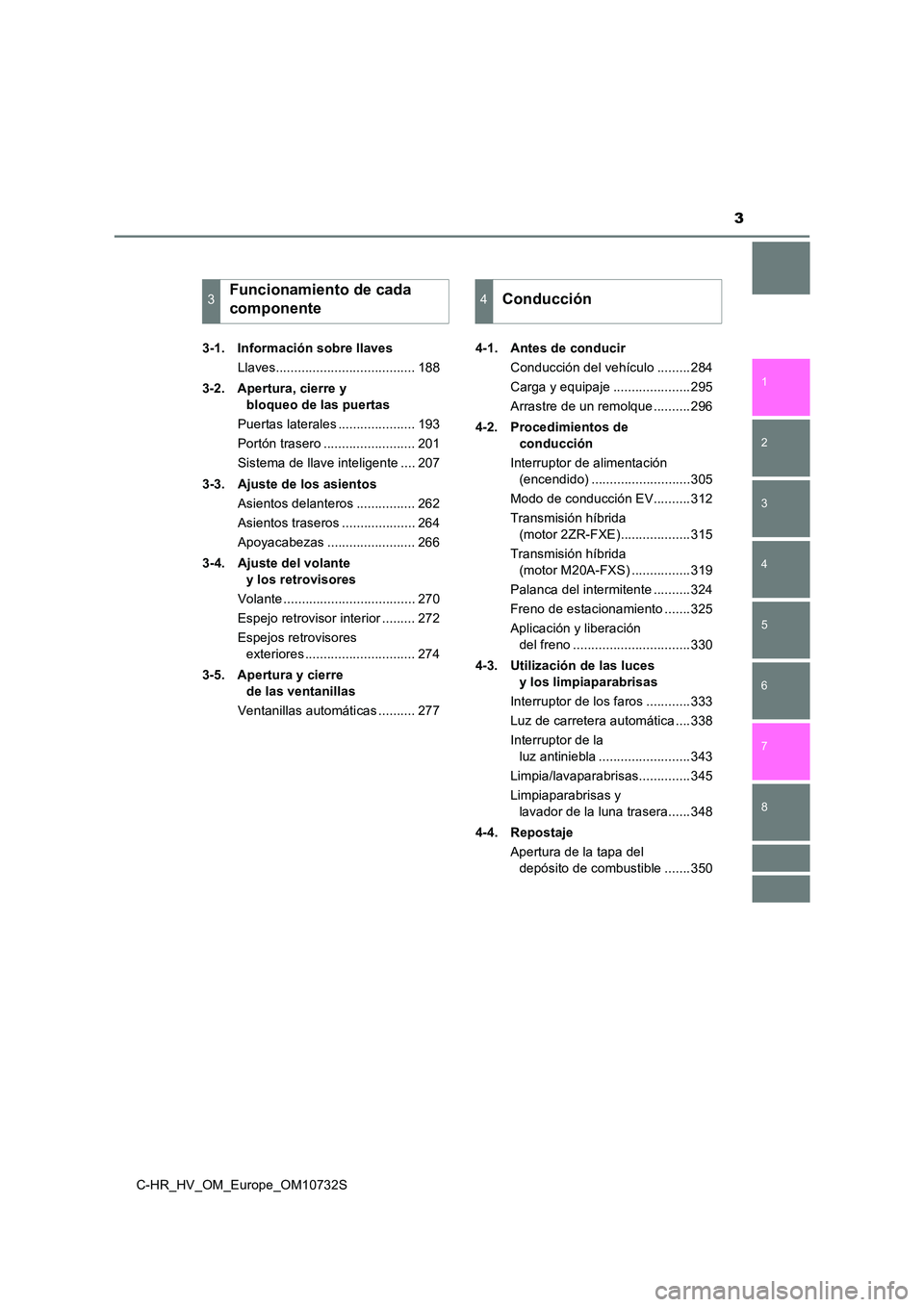 TOYOTA C-HR 2022  Manuale de Empleo (in Spanish) 3
1 
5 
4
3
2
C-HR_HV_OM_Europe_OM10732S
8
7
6
3-1. Información sobre llaves 
Llaves...................................... 188 
3-2. Apertura, cierre y  
bloqueo de las puertas 
Puertas laterales ...