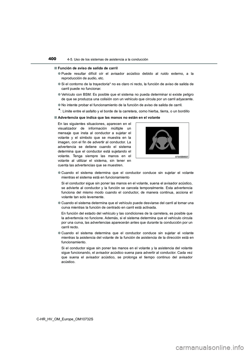 TOYOTA C-HR 2022 Manuale de Empleo (in Spanish) 4004-5. Uso de los sistemas de asistencia a la conducción
C-HR_HV_OM_Europe_OM10732S
■ Función de aviso de salida de carril
● Puede resultar difícil oír el avisador acústico debido TOYOTA C-HR 2022 Manuale de Empleo (in Spanish) 4004-5. Uso de los sistemas de asistencia a la conducción
C-HR_HV_OM_Europe_OM10732S
■ Función de aviso de salida de carril
● Puede resultar difícil oír el avisador acústico debido
