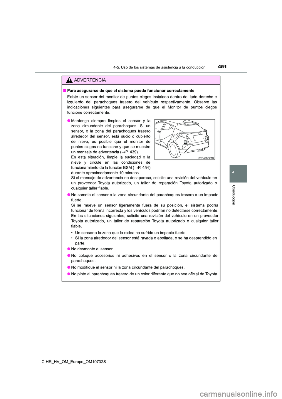 TOYOTA C-HR 2022 Manuale de Empleo (in Spanish) 4514-5. Uso de los sistemas de asistencia a la conducción
4
Conducción
C-HR_HV_OM_Europe_OM10732S
ADVERTENCIA
■Para asegurarse de que el sistema puede funcionar correctamente
Existe un sensor TOYOTA C-HR 2022 Manuale de Empleo (in Spanish) 4514-5. Uso de los sistemas de asistencia a la conducción
4
Conducción
C-HR_HV_OM_Europe_OM10732S
ADVERTENCIA
■Para asegurarse de que el sistema puede funcionar correctamente
Existe un sensor