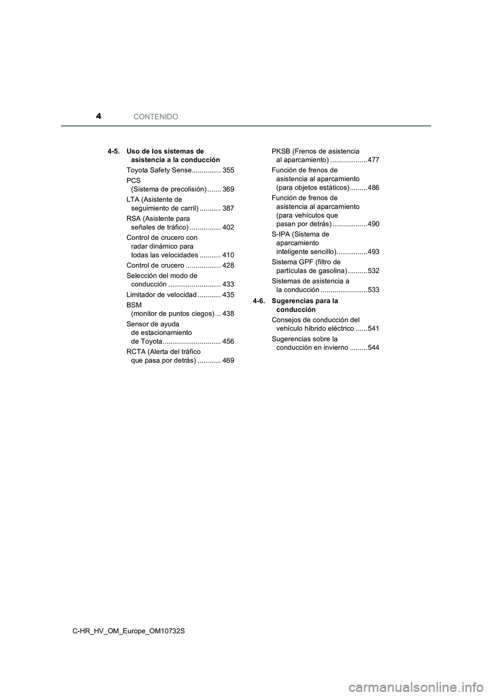 TOYOTA C-HR 2022  Manuale de Empleo (in Spanish) CONTENIDO4
C-HR_HV_OM_Europe_OM10732S 
4-5. Uso de los sistemas de  
asistencia a la conducción 
Toyota Safety Sense............... 355 
PCS  
(Sistema de precolisión) ....... 369 
LTA (Asistente de