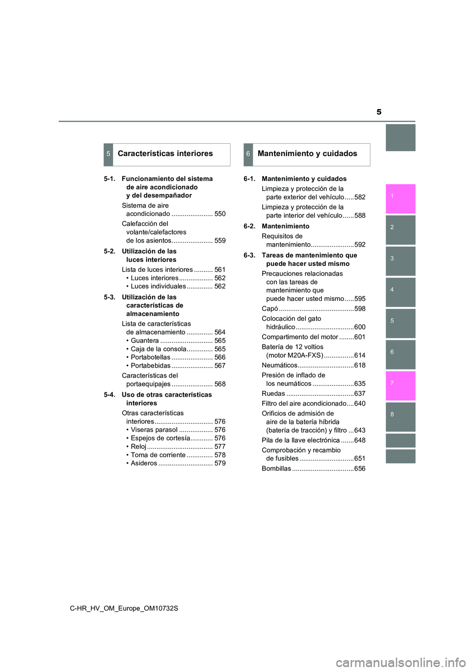 TOYOTA C-HR 2022  Manuale de Empleo (in Spanish) 5
1 
5 
4
3
2
C-HR_HV_OM_Europe_OM10732S
8
7
6
5-1. Funcionamiento del sistema  
de aire acondicionado  
y del desempañador 
Sistema de aire  
acondicionado ...................... 550 
Calefacción d