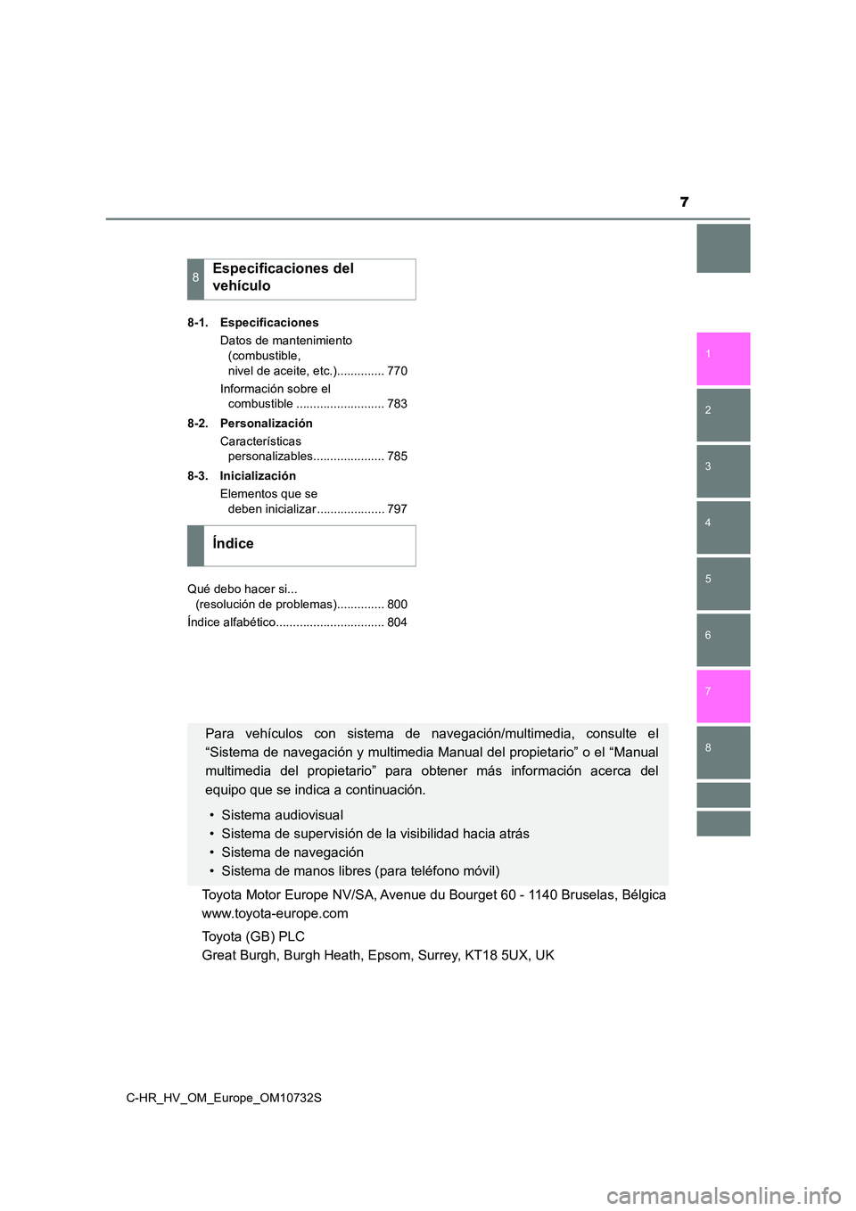 TOYOTA C-HR 2022  Manuale de Empleo (in Spanish) 7
1 
5 
4
3
2
C-HR_HV_OM_Europe_OM10732S
8
7
6
8-1. Especificaciones 
Datos de mantenimiento  
(combustible,  
nivel de aceite, etc.).............. 770 
Información sobre el  
combustible ...........
