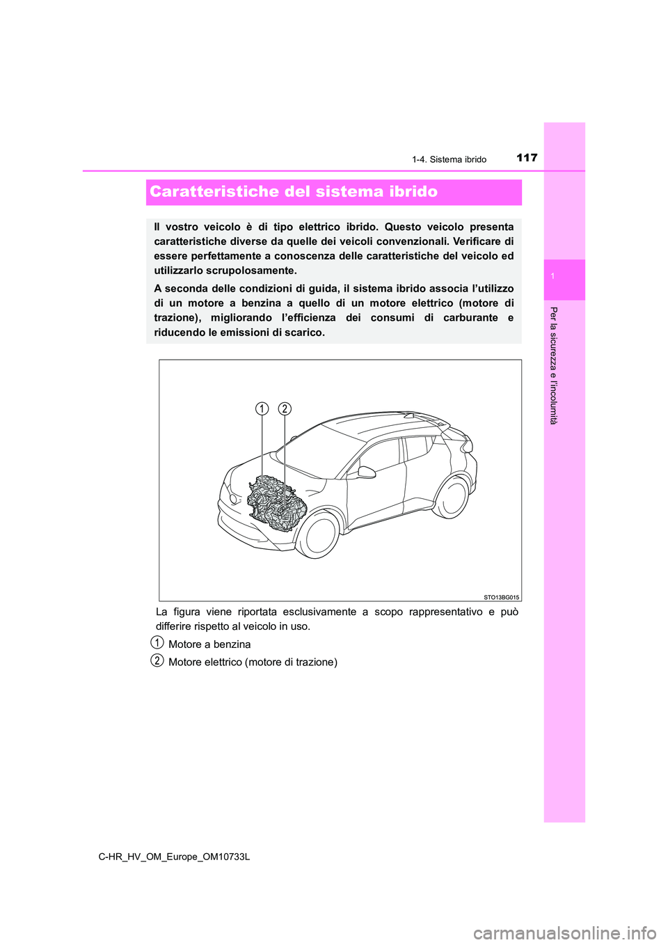 TOYOTA C-HR 2022  Manuale duso (in Italian) 117
1
1-4. Sistema ibrido
Per la sicurezza e l’incolumità
C-HR_HV_OM_Europe_OM10733L
Caratteristiche del sistema ibrido
La  figura  viene  riportata  esclusivamente  a  scopo  rappresentativo  e  p