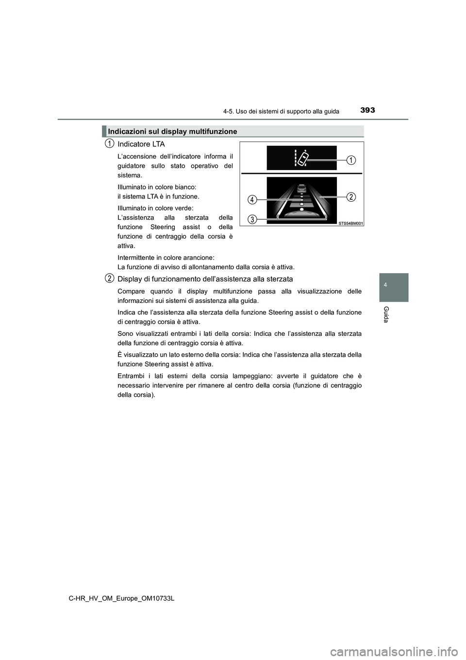 TOYOTA C-HR 2022 Manuale duso (in Italian) 3934-5. Uso dei sistemi di supporto alla guida
4
Guida
C-HR_HV_OM_Europe_OM10733L
Indicatore LTA
L’accensione dell’indicatore informa il
guidatore sullo stato operativo del
sistema.
Illum TOYOTA C-HR 2022 Manuale duso (in Italian) 3934-5. Uso dei sistemi di supporto alla guida
4
Guida
C-HR_HV_OM_Europe_OM10733L
Indicatore LTA
L’accensione dell’indicatore informa il
guidatore sullo stato operativo del
sistema.
Illum