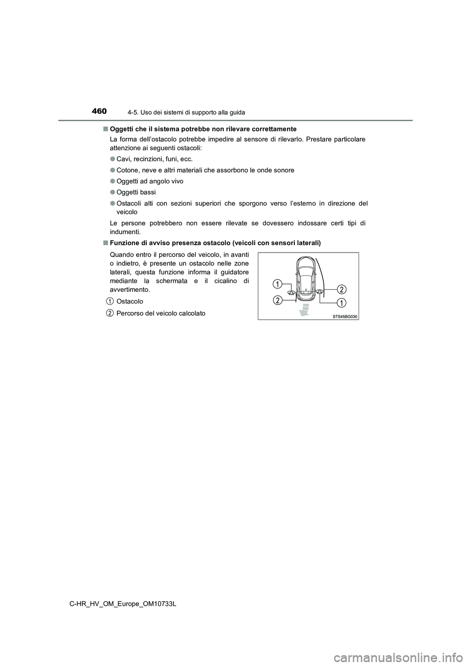 TOYOTA C-HR 2022 Manuale duso (in Italian) 4604-5. Uso dei sistemi di supporto alla guida
C-HR_HV_OM_Europe_OM10733L
■ Oggetti che il sistema potrebbe non rilevare correttamente
La forma dell’ostacolo potrebbe impedire al sensore TOYOTA C-HR 2022 Manuale duso (in Italian) 4604-5. Uso dei sistemi di supporto alla guida
C-HR_HV_OM_Europe_OM10733L
■ Oggetti che il sistema potrebbe non rilevare correttamente
La forma dell’ostacolo potrebbe impedire al sensore