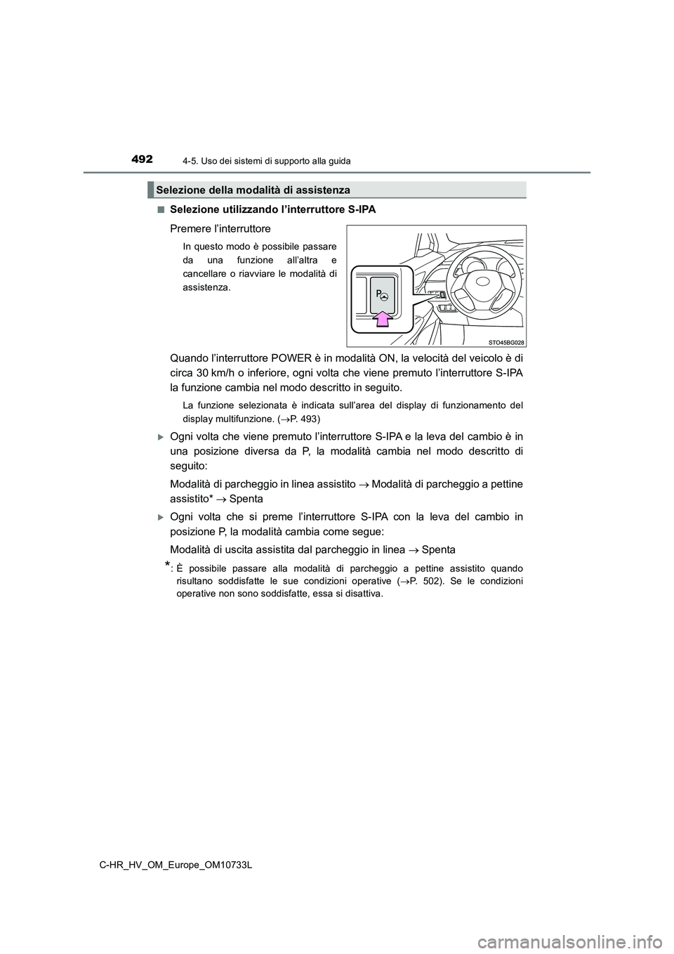 TOYOTA C-HR 2022 Manuale duso (in Italian) 4924-5. Uso dei sistemi di supporto alla guida
C-HR_HV_OM_Europe_OM10733L
■Selezione utilizzando l’interruttore S-IPA
Premere l’interruttore
In questo modo è possibile passare
da una TOYOTA C-HR 2022 Manuale duso (in Italian) 4924-5. Uso dei sistemi di supporto alla guida
C-HR_HV_OM_Europe_OM10733L
■Selezione utilizzando l’interruttore S-IPA
Premere l’interruttore
In questo modo è possibile passare
da una