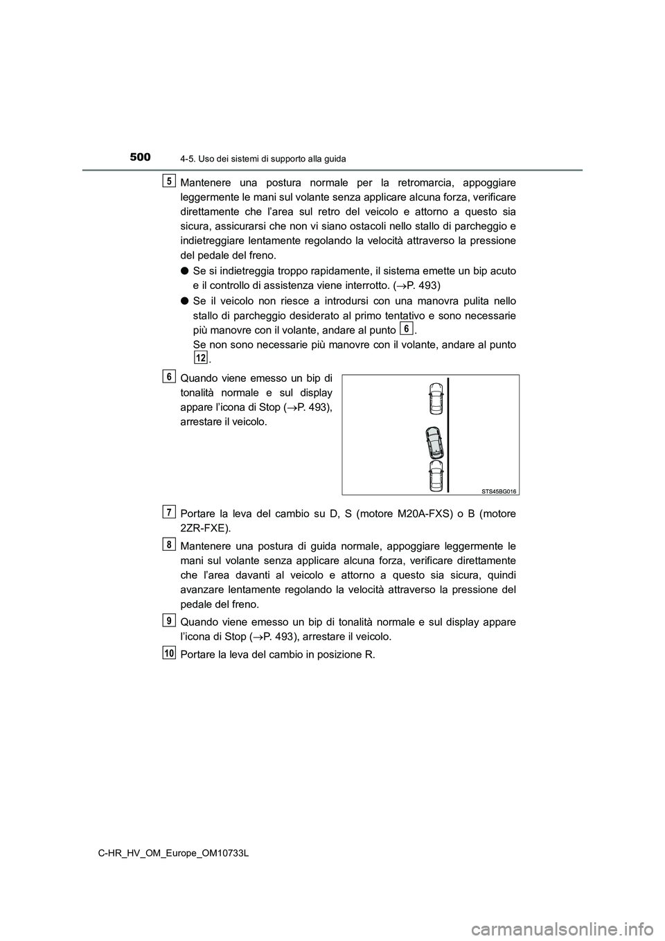 TOYOTA C-HR 2022 Manuale duso (in Italian) 5004-5. Uso dei sistemi di supporto alla guida
C-HR_HV_OM_Europe_OM10733L
Mantenere una postura normale per la retromarcia, appoggiare
leggermente le mani sul volante senza applicare alcuna fo TOYOTA C-HR 2022 Manuale duso (in Italian) 5004-5. Uso dei sistemi di supporto alla guida
C-HR_HV_OM_Europe_OM10733L
Mantenere una postura normale per la retromarcia, appoggiare
leggermente le mani sul volante senza applicare alcuna fo