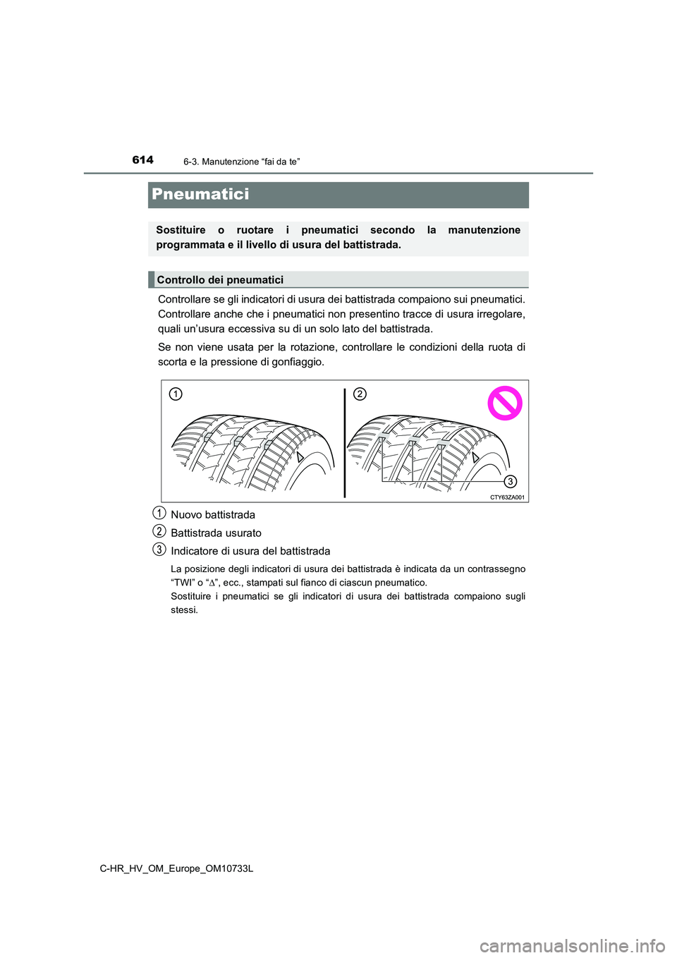 TOYOTA C-HR 2022 Manuale duso (in Italian) 6146-3. Manutenzione “fai da te”
C-HR_HV_OM_Europe_OM10733L
Pneumatici
Controllare se gli indicatori di usura dei battistrada compaiono sui pneumatici.
Controllare anche che i pneumatici non pres TOYOTA C-HR 2022 Manuale duso (in Italian) 6146-3. Manutenzione “fai da te”
C-HR_HV_OM_Europe_OM10733L
Pneumatici
Controllare se gli indicatori di usura dei battistrada compaiono sui pneumatici.
Controllare anche che i pneumatici non pres