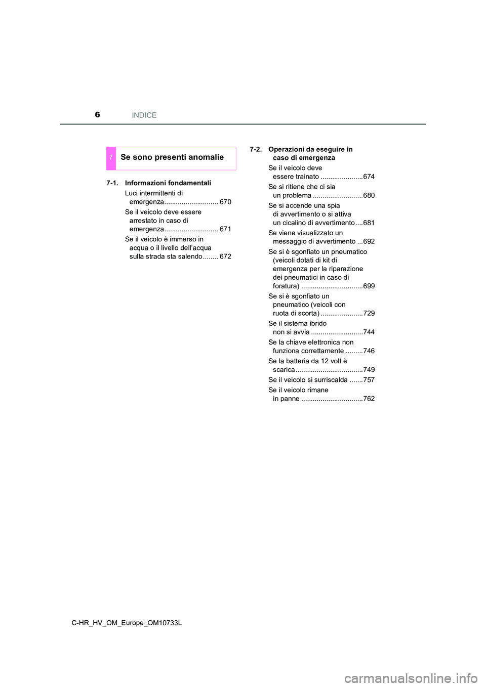 TOYOTA C-HR 2022  Manuale duso (in Italian) INDICE6
C-HR_HV_OM_Europe_OM10733L 
7-1. Informazioni fondamentali 
Luci intermittenti di  
emergenza............................ 670 
Se il veicolo deve essere  
arrestato in caso di  
emergenza.....